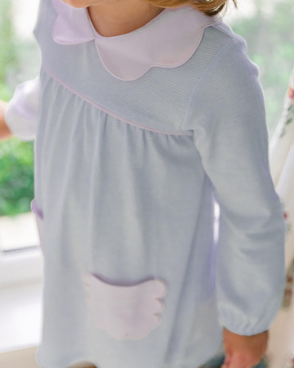 Scallop Pocket Dress- Blue Stripe/Pink