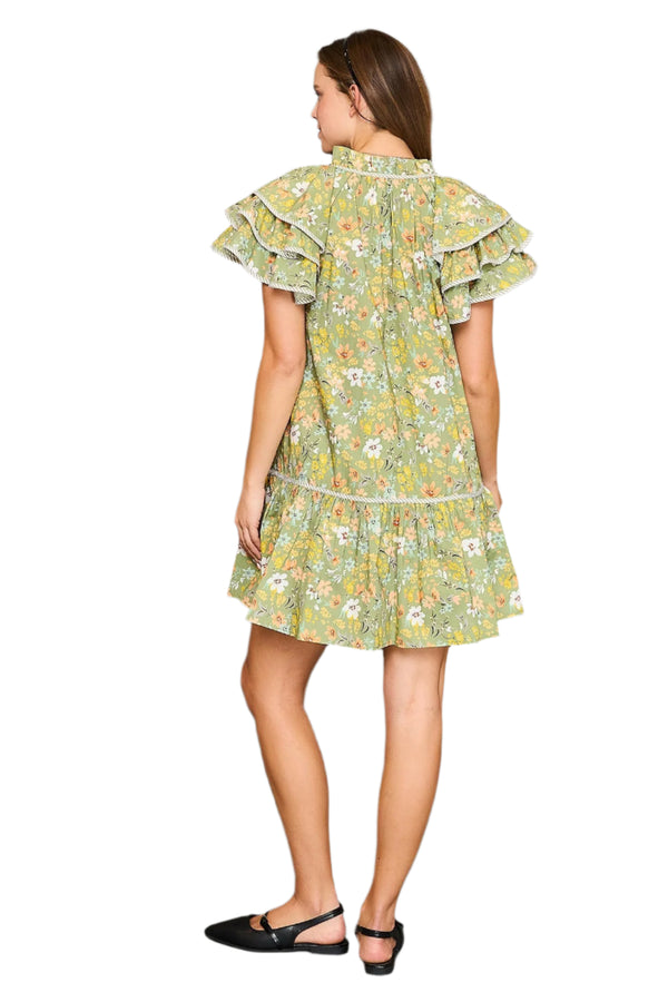 Floral Ruffle Sleeve Dress- Sage
