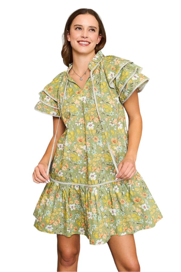 Floral Ruffle Sleeve Dress- Sage