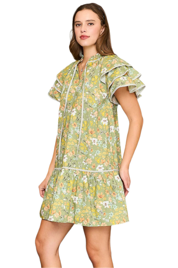 Floral Ruffle Sleeve Dress- Sage