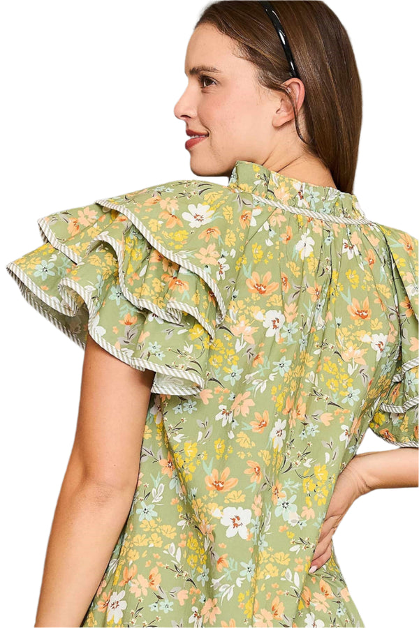 Floral Ruffle Sleeve Dress- Sage