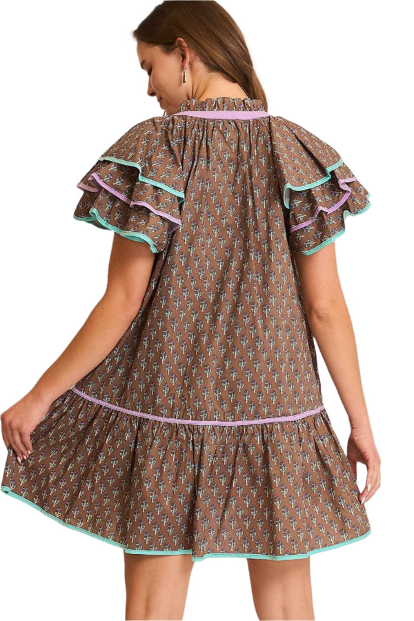 Boho Ruffle Sleeve Mini Dress- Taupe