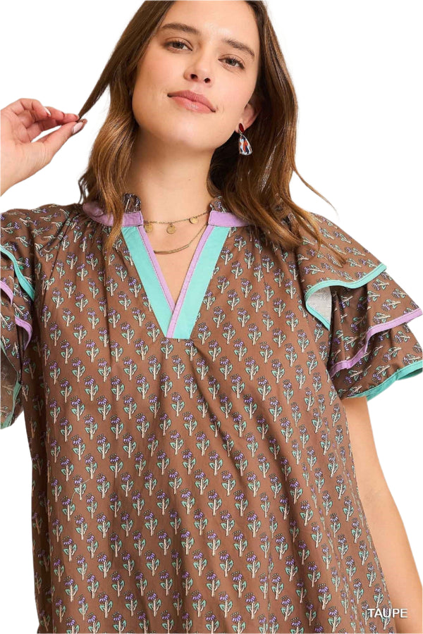 Boho Ruffle Sleeve Mini Dress- Taupe