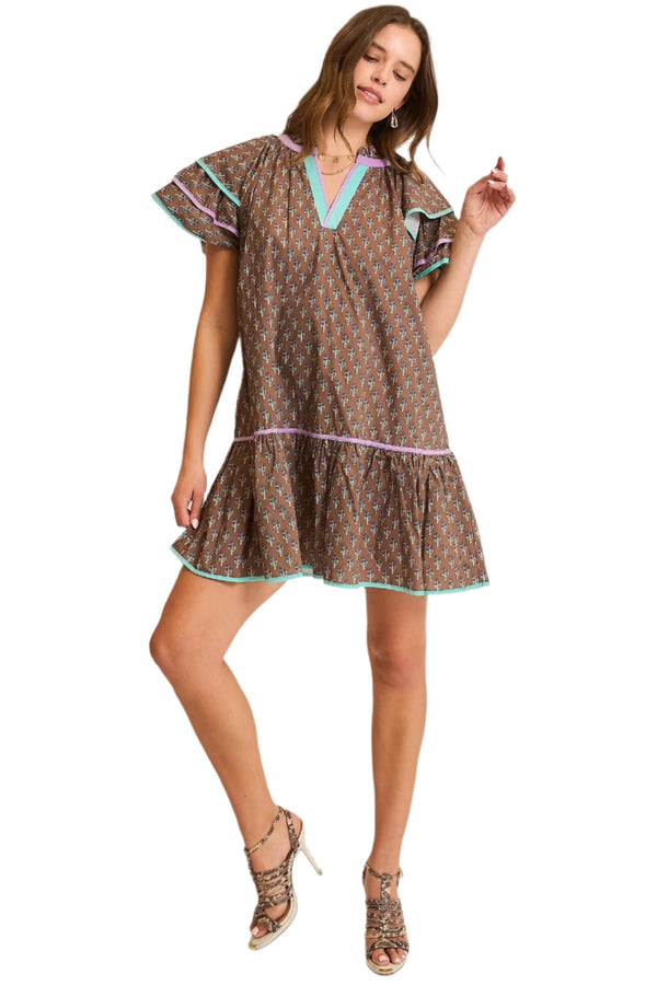 Boho Ruffle Sleeve Mini Dress- Taupe