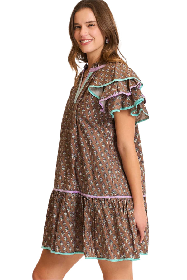 Boho Ruffle Sleeve Mini Dress- Taupe