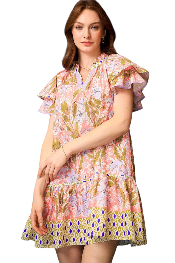 Floral Ruffle-Sleeve Tunic Dress- Coral Mix