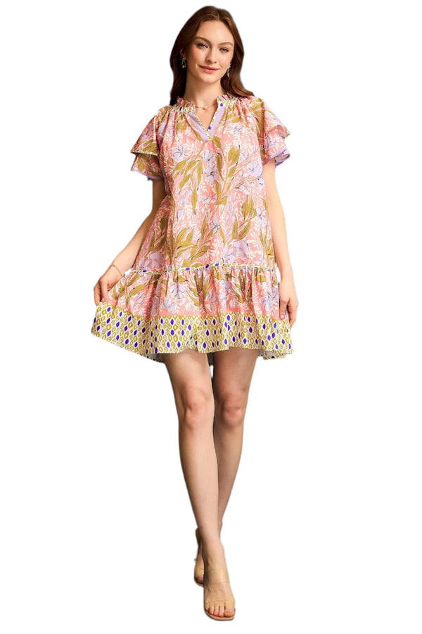 Floral Ruffle-Sleeve Tunic Dress- Coral Mix