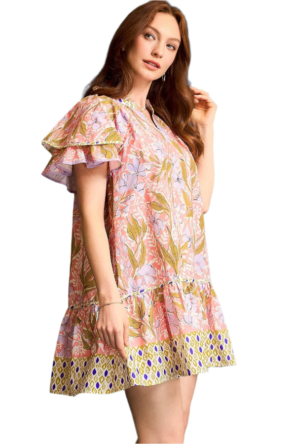 Floral Ruffle-Sleeve Tunic Dress- Coral Mix