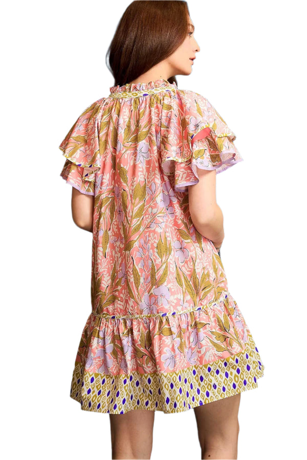 Floral Ruffle-Sleeve Tunic Dress- Coral Mix