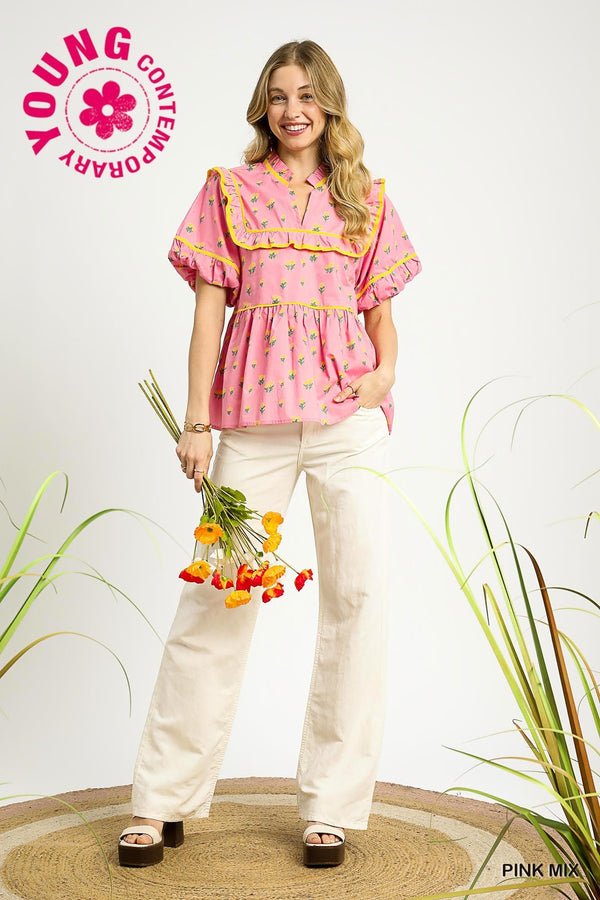 Vintage Charm Ruffle Blouse- Pink Mix