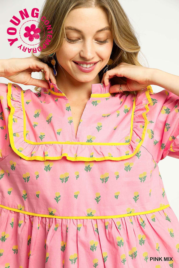 Vintage Charm Ruffle Blouse- Pink Mix