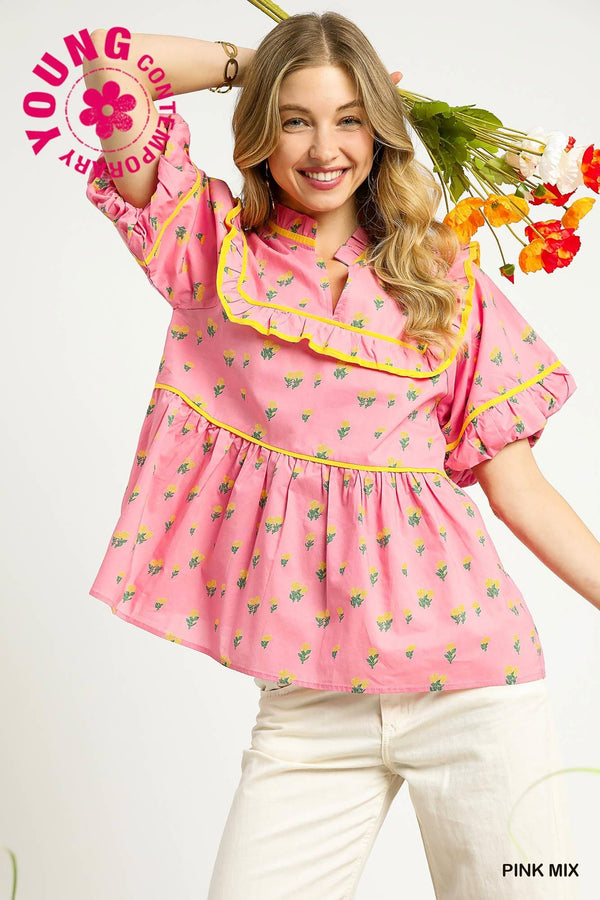 Vintage Charm Ruffle Blouse- Pink Mix