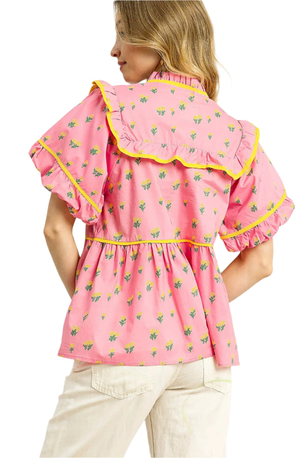 Vintage Charm Ruffle Blouse- Pink Mix