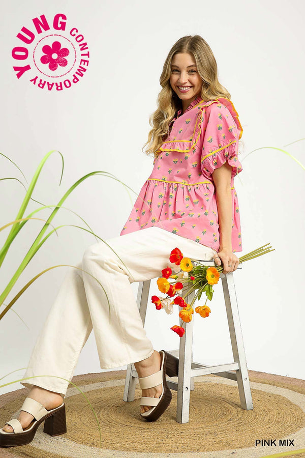 Vintage Charm Ruffle Blouse- Pink Mix