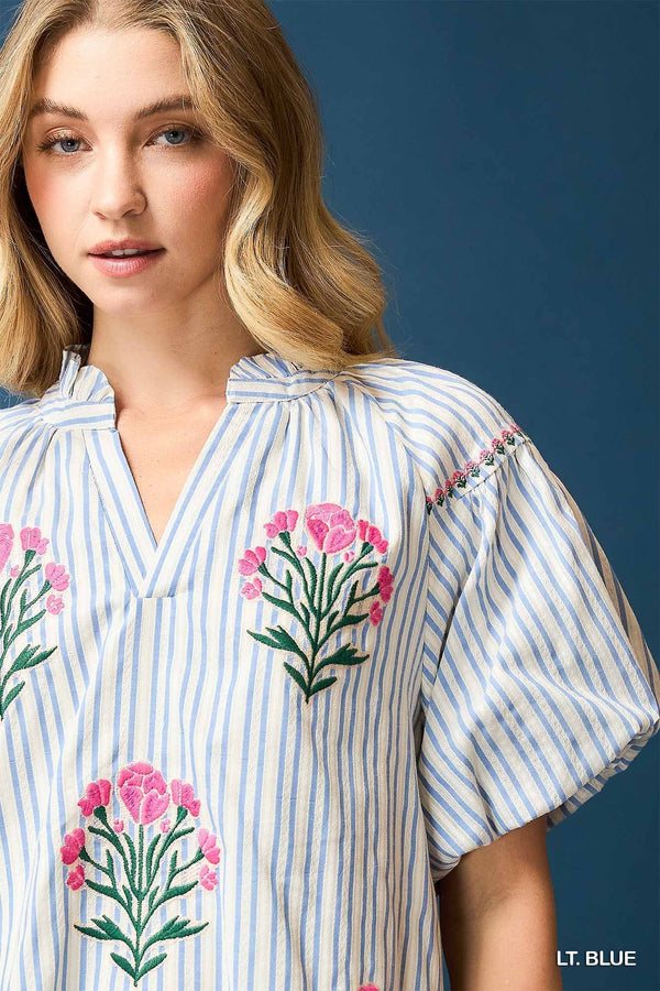 Striped Puff Sleeve Embroidered Dress- Lt. Blue