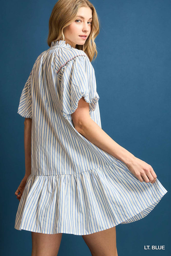 Striped Puff Sleeve Embroidered Dress- Lt. Blue