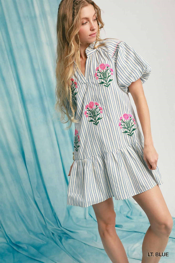 Striped Puff Sleeve Embroidered Dress- Lt. Blue