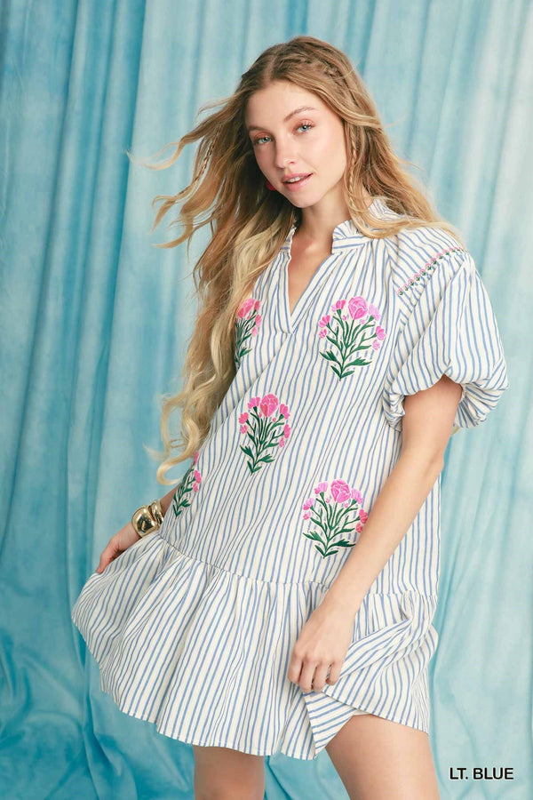 Striped Puff Sleeve Embroidered Dress- Lt. Blue