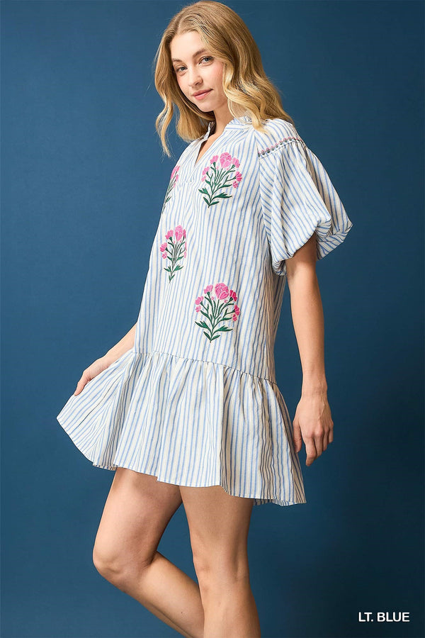Striped Puff Sleeve Embroidered Dress- Lt. Blue
