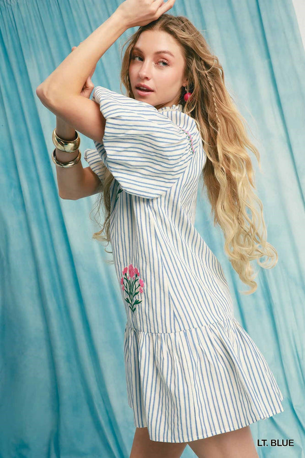 Striped Puff Sleeve Embroidered Dress- Lt. Blue