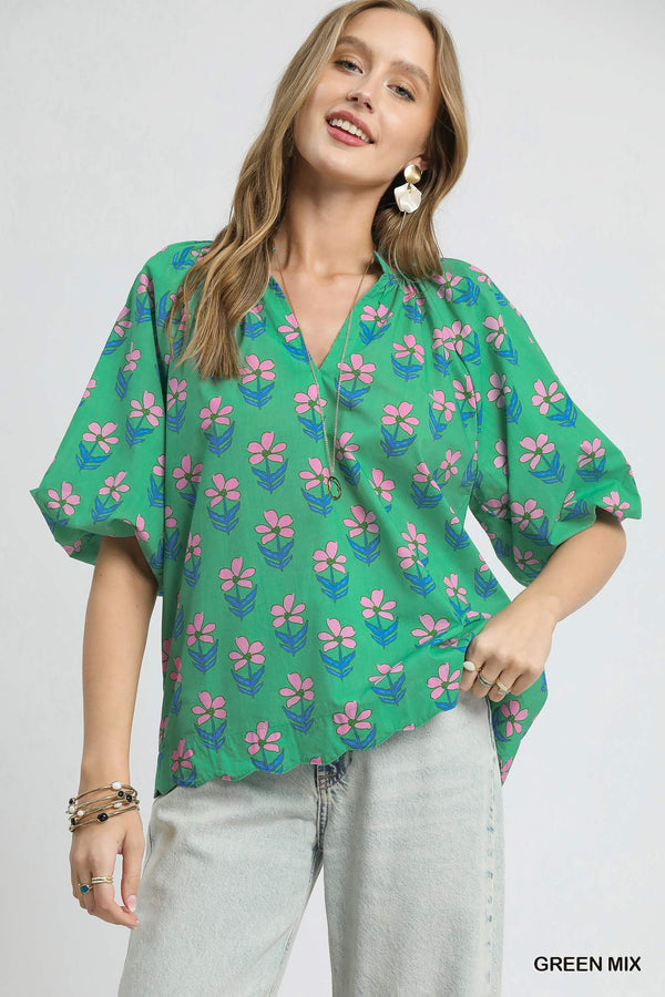 Floral Puff Sleeve Blouse- Green Mix