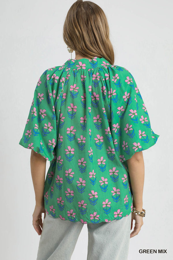 Floral Puff Sleeve Blouse- Green Mix
