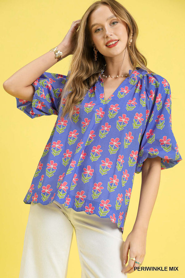 Floral Puff Sleeve Blouse- Periwinkle Mix