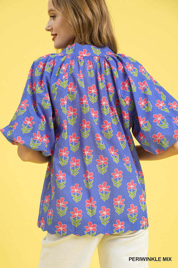 Floral Puff Sleeve Blouse- Periwinkle Mix