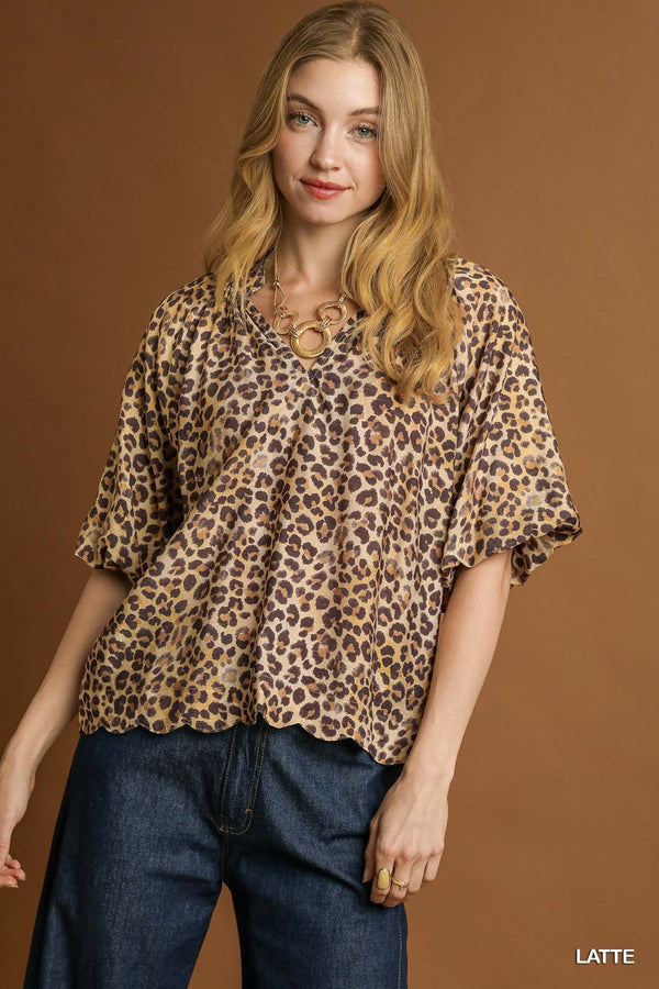 Scallop Hem Leopard Print Blouse