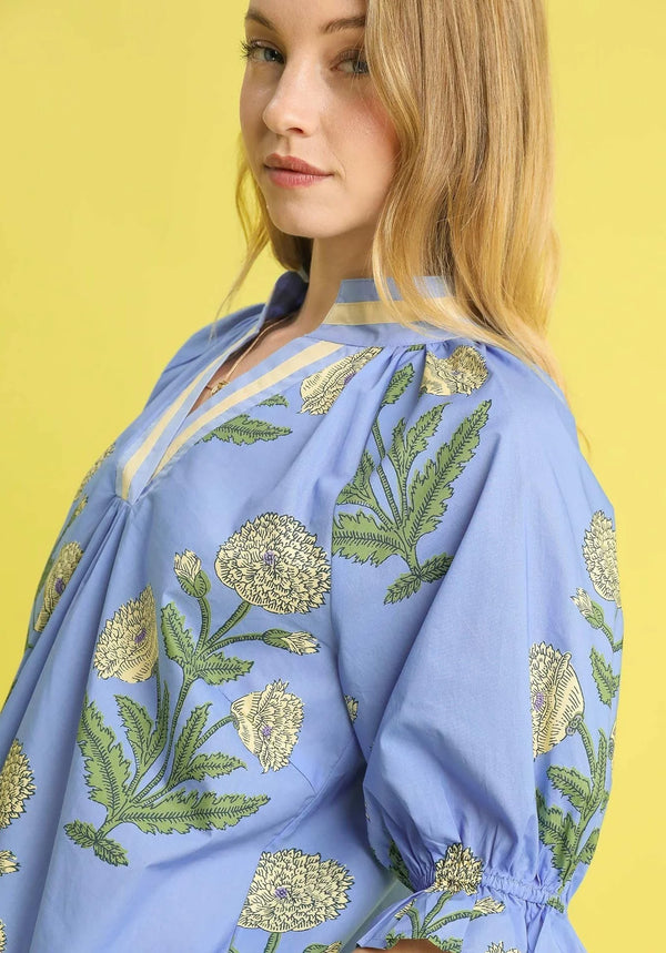 Floral Poplin Puff Sleeve Blouse- Periwinkle Mix