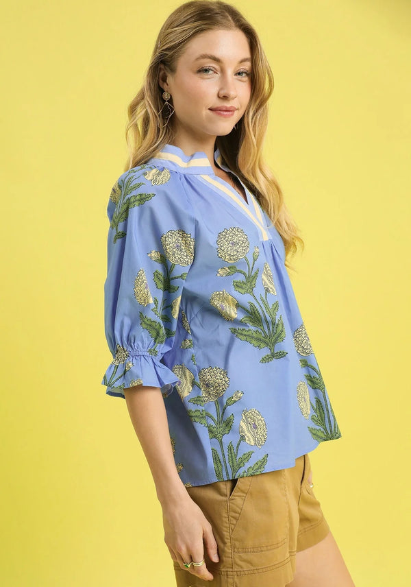 Floral Poplin Puff Sleeve Blouse- Periwinkle Mix