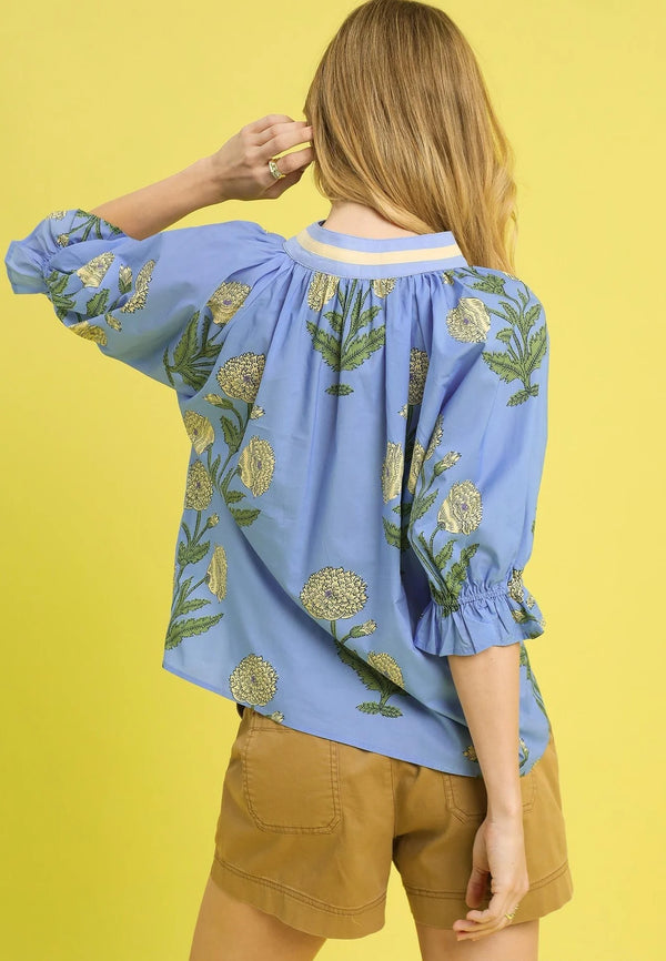 Floral Poplin Puff Sleeve Blouse- Periwinkle Mix