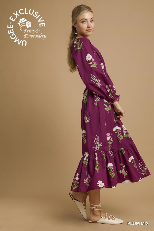 Floral Print V Neck Dress W/ Ruffled Details- Plum Mix