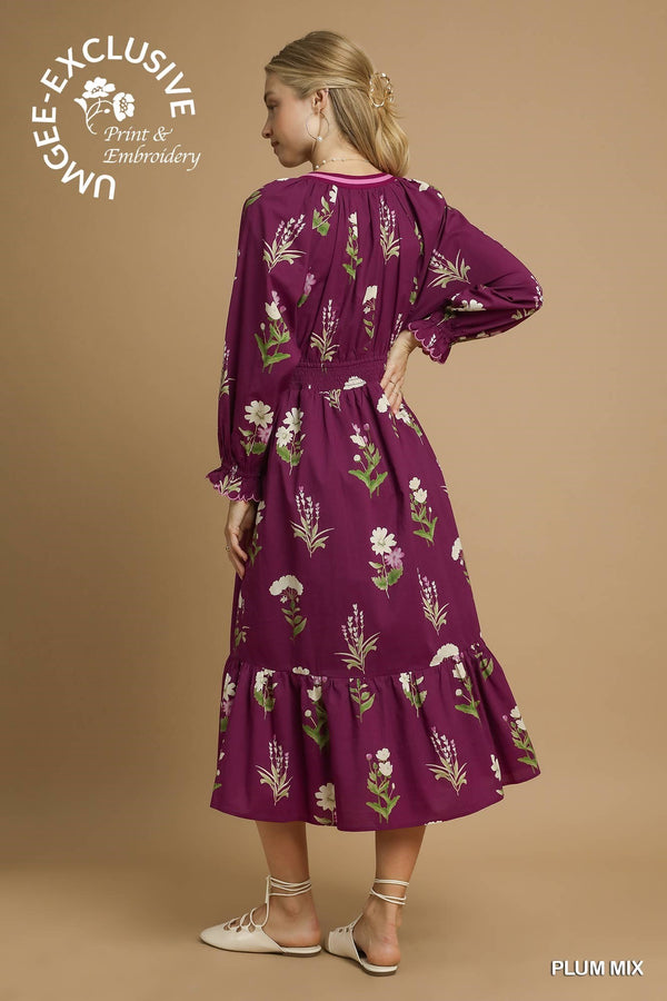 Floral Print V Neck Dress W/ Ruffled Details- Plum Mix