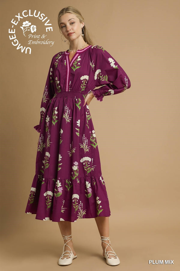 Floral Print V Neck Dress W/ Ruffled Details- Plum Mix