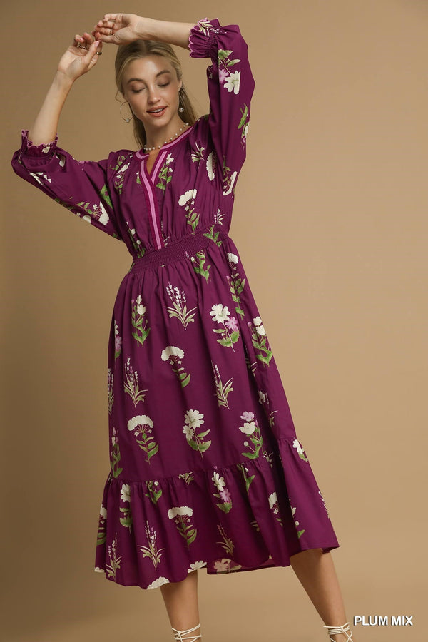 Floral Print V Neck Dress W/ Ruffled Details- Plum Mix