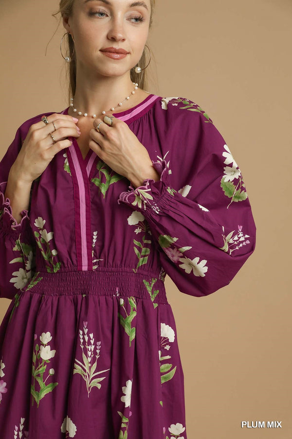 Floral Print V Neck Dress W/ Ruffled Details- Plum Mix
