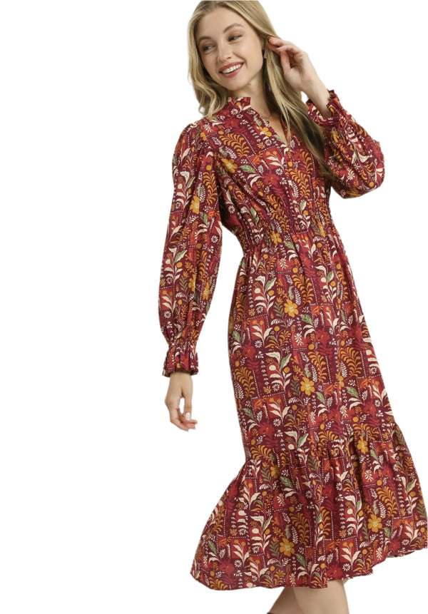 Floral Midi Dress W/ Smocked Waist- Burgundy Mix