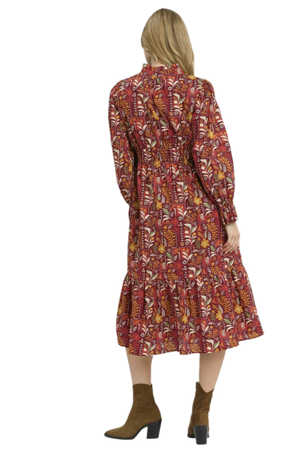 Floral Midi Dress W/ Smocked Waist- Burgundy Mix