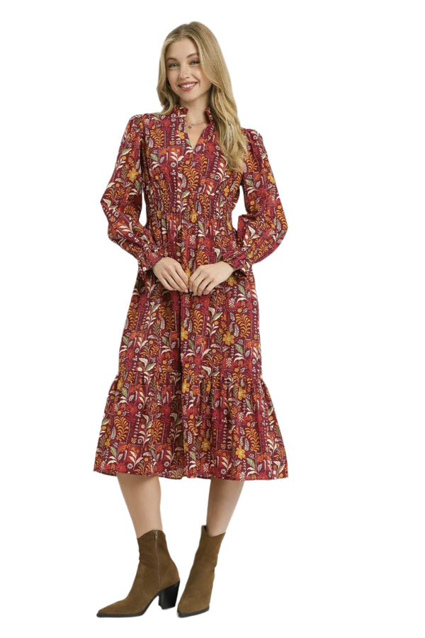 Floral Midi Dress W/ Smocked Waist- Burgundy Mix