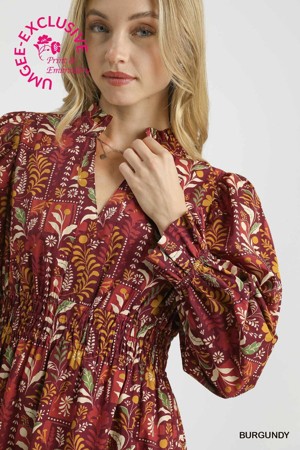 Floral Midi Dress W/ Smocked Waist- Burgundy Mix