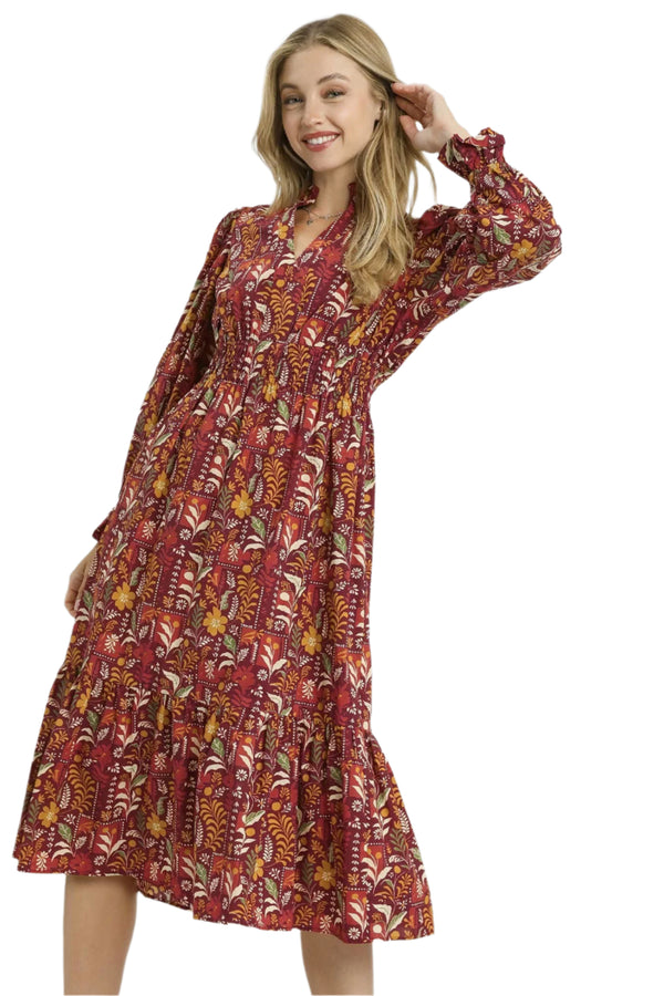 Floral Midi Dress W/ Smocked Waist- Burgundy Mix