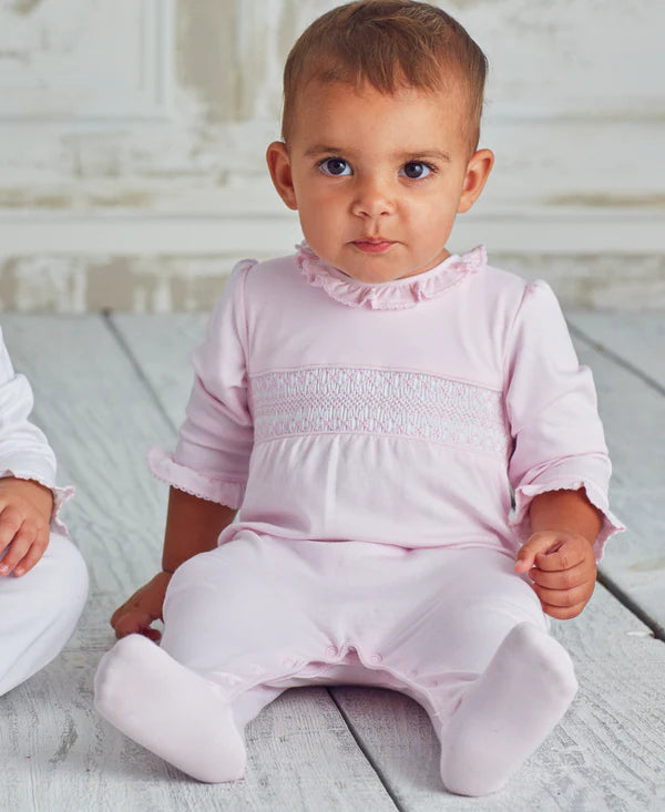Hand Smocked Charmed Ruffle Footie- Pink