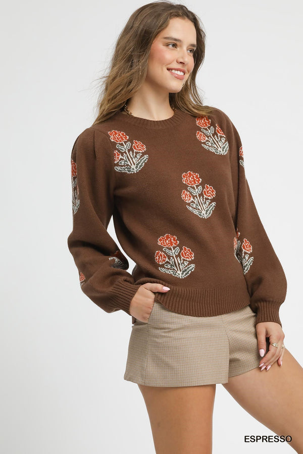 Floral Knit Sweater w/ Puff Sleeves- Espresso