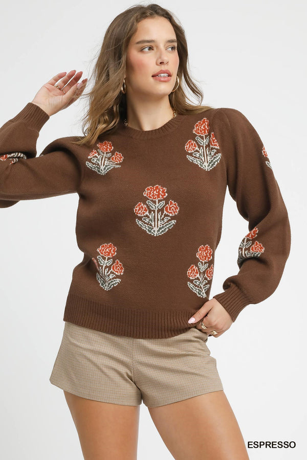 Floral Knit Sweater w/ Puff Sleeves- Espresso
