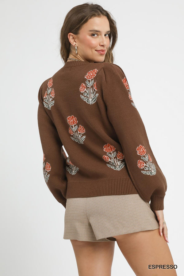 Floral Knit Sweater w/ Puff Sleeves- Espresso