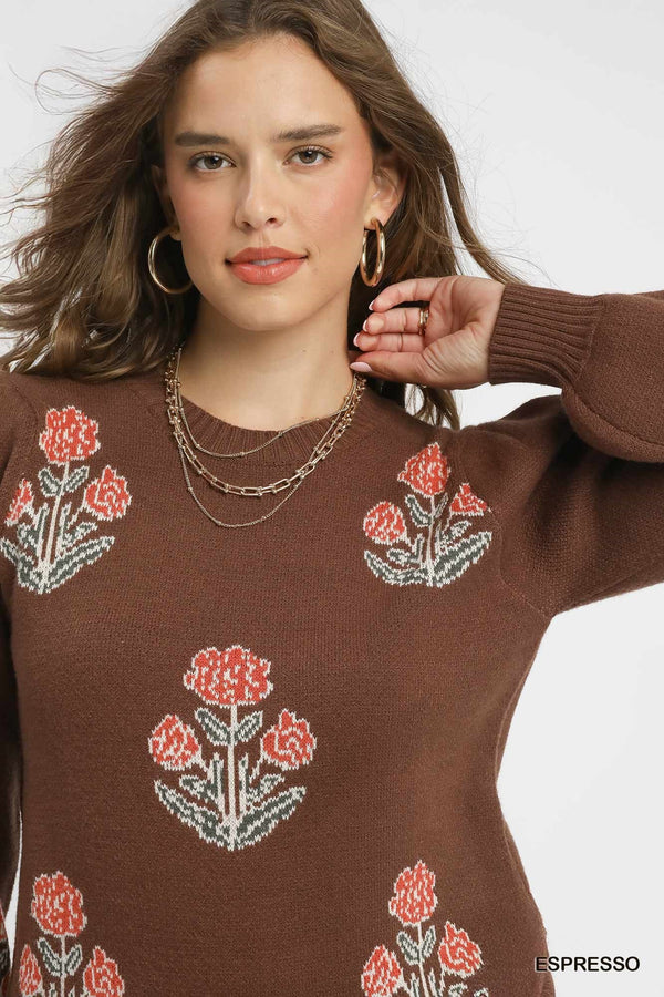 Floral Knit Sweater w/ Puff Sleeves- Espresso