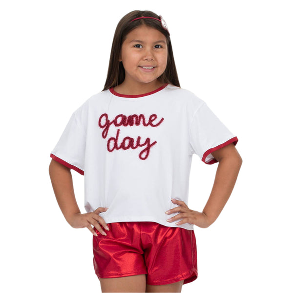 Tinsel Game Day Ringer Boxy T- Crimson