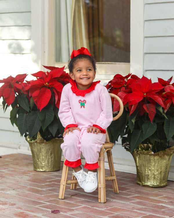 Candy Cane Embroidery Ruffle Romper