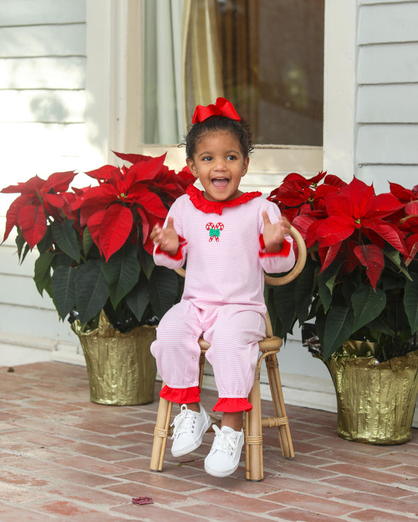 Candy Cane Embroidery Ruffle Romper